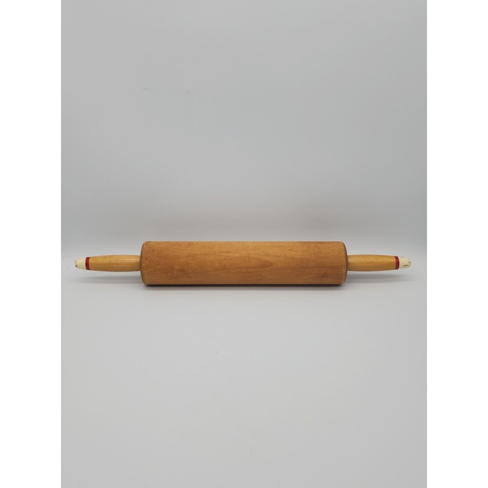 Vintage Wooden Rolling Pin Painted Red & Cream Tips of Wood Handles 18" Long
